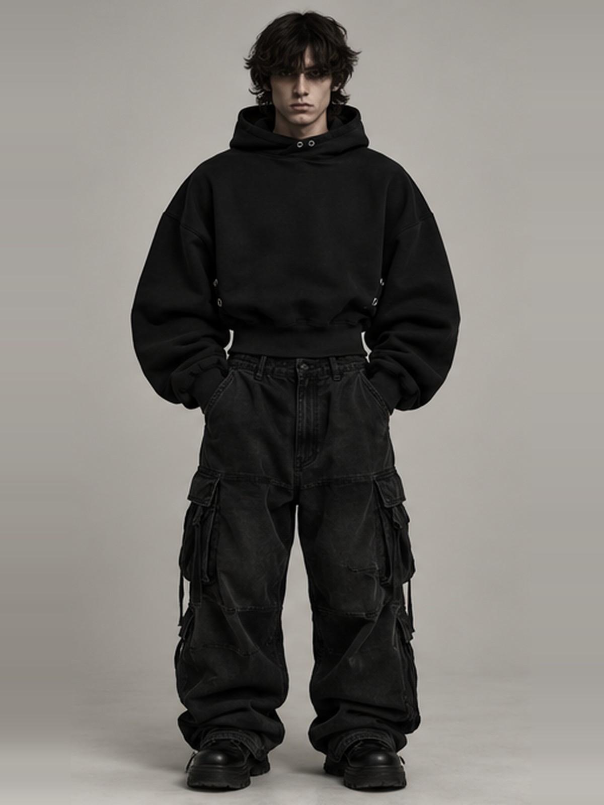 Eyelet Cropped Hoodie in Black