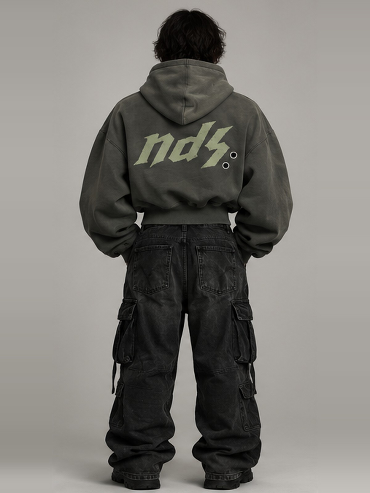 Eyelet Cropped Hoodie in Washed Olive — view 3