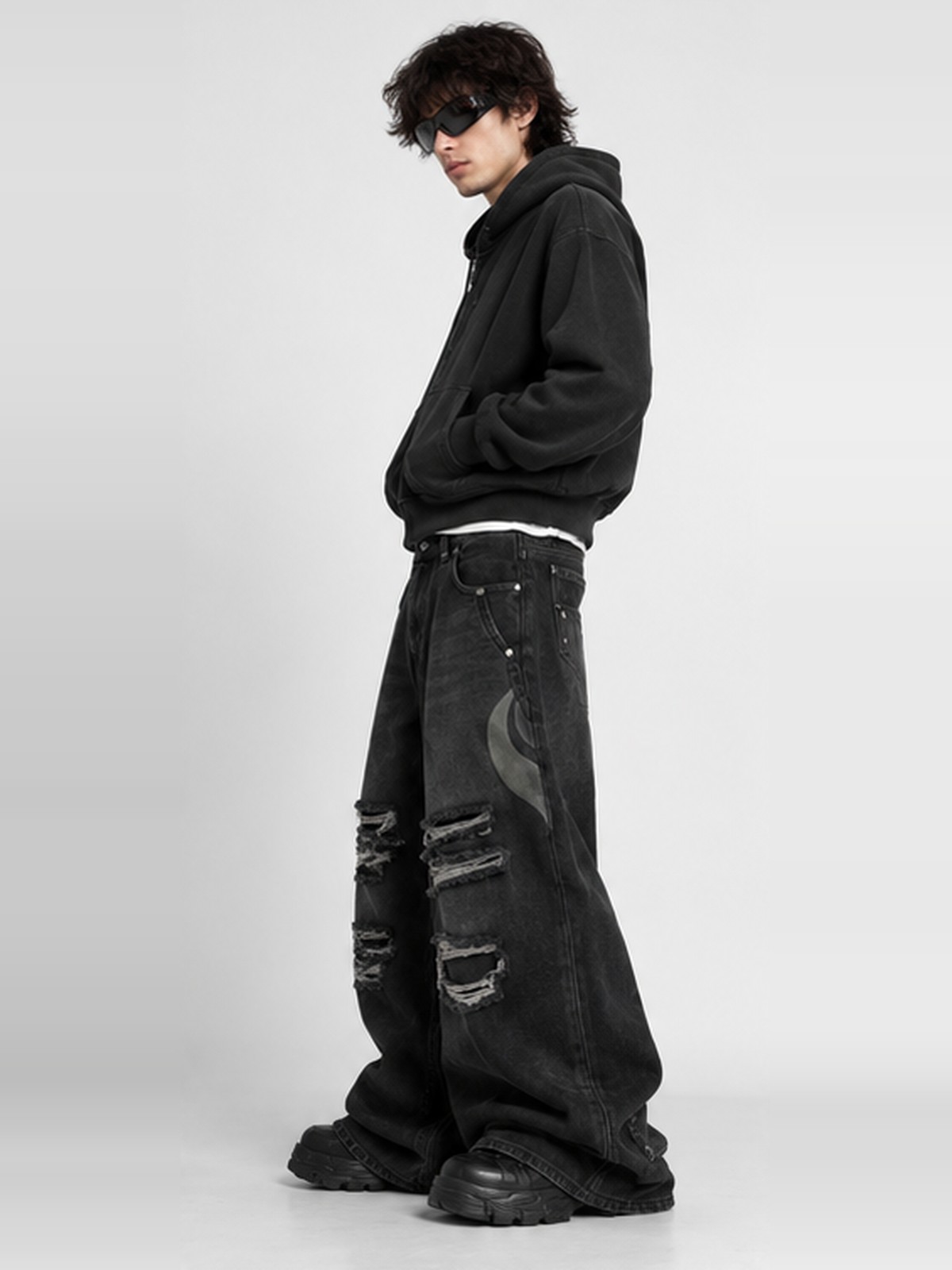 Flame Ripped Wide-Leg Jean in Washed Black — view 2